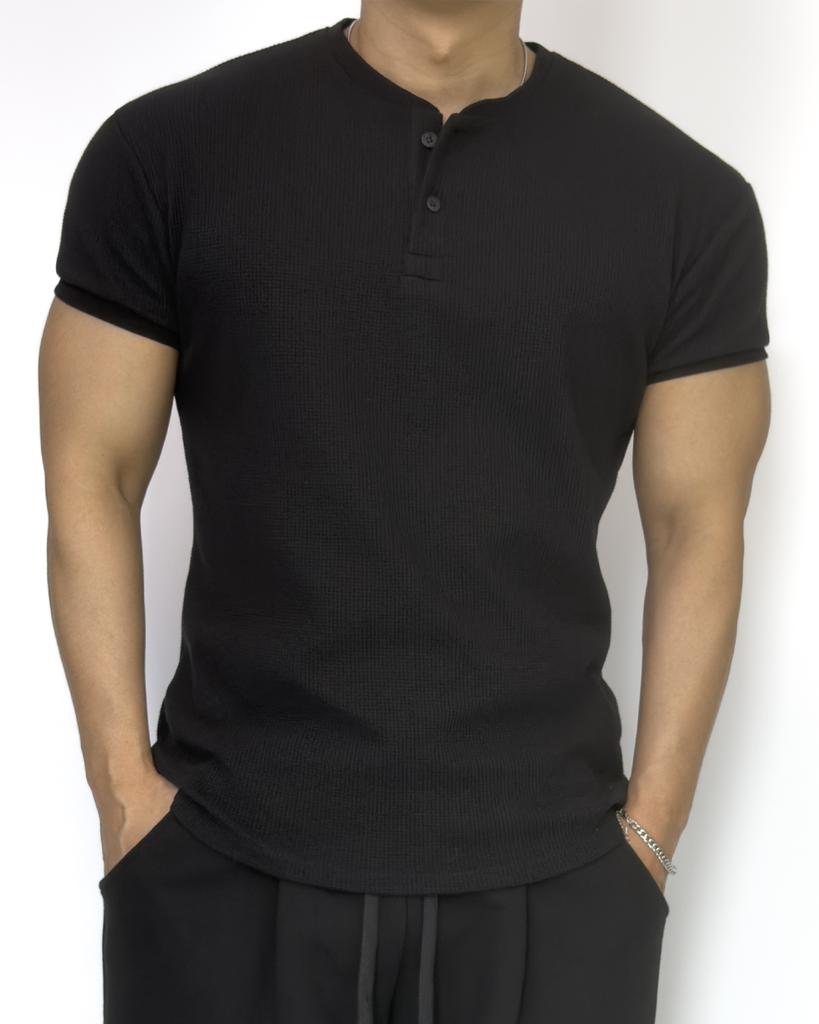 Pasiensia Muscle Fit Waffle Henley Neck Short Sleeve Black