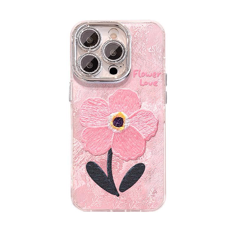 Pink Embroidered Flowers Suitable for Apple 16pro Mobile Phone Case Iphone15 Spring and Summer 14 High-end Feeling 13/12