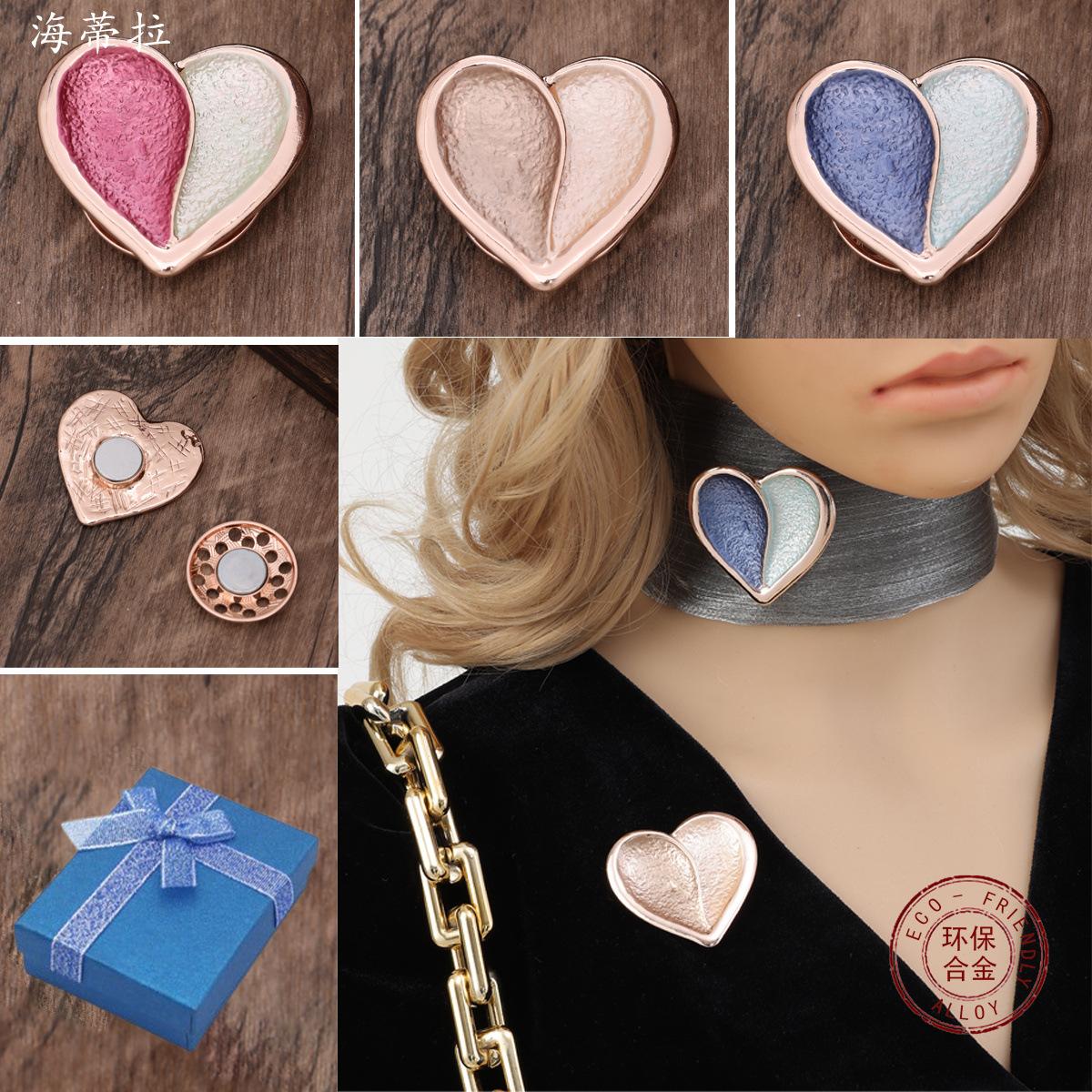 

New enamel love-coated magnetic buckle brooch, women s simple multi-functional heart-shaped brooch