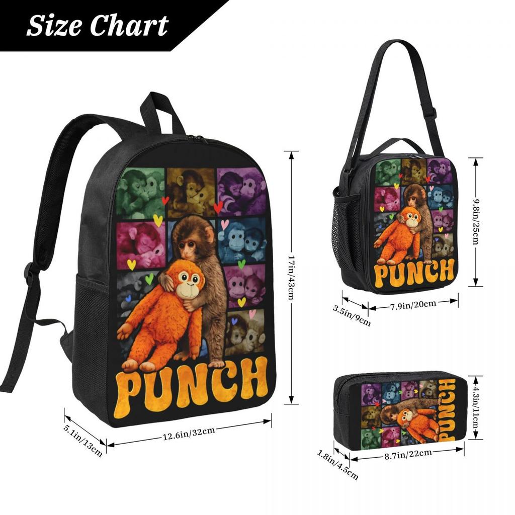 3Pcs Cute Baby Monkey Hugging Bear Punch Backpack Set for Girls Boys Pen Bags Bookbag Sets with Lunch Box