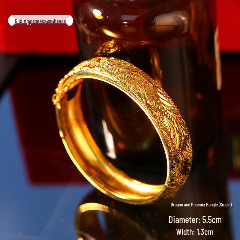 Chinese Dragon & Phoenix Retro Gold Bangle for Bride Xiuhe Dress