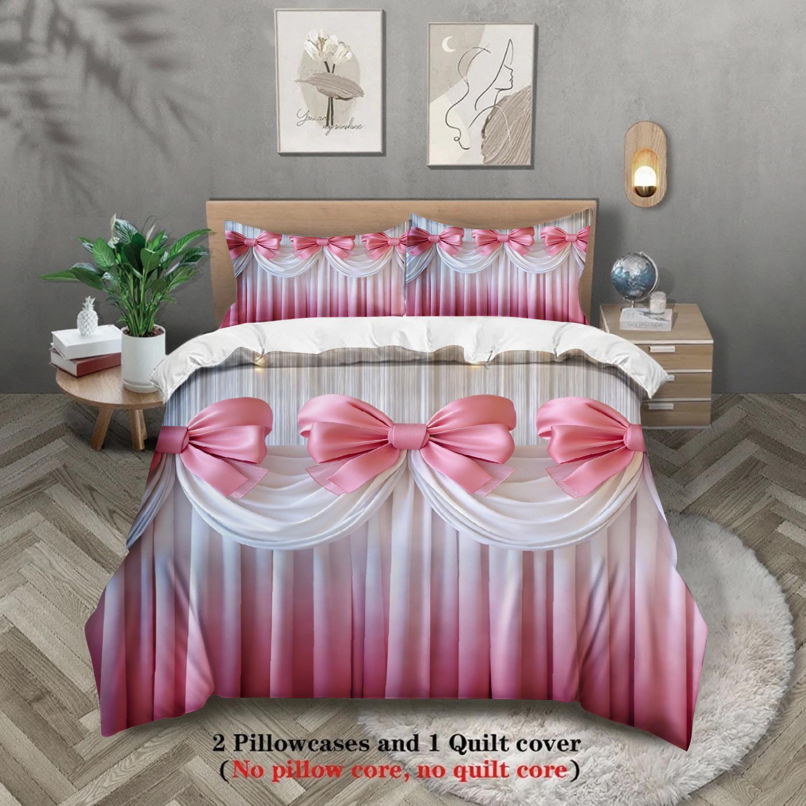 

Pink Bow Drapery Bedding Set Pink White Gradient Curtains Print Bedding Set With Duvet Cover & Pillowcases For Bedroom US Full(200x230cm)