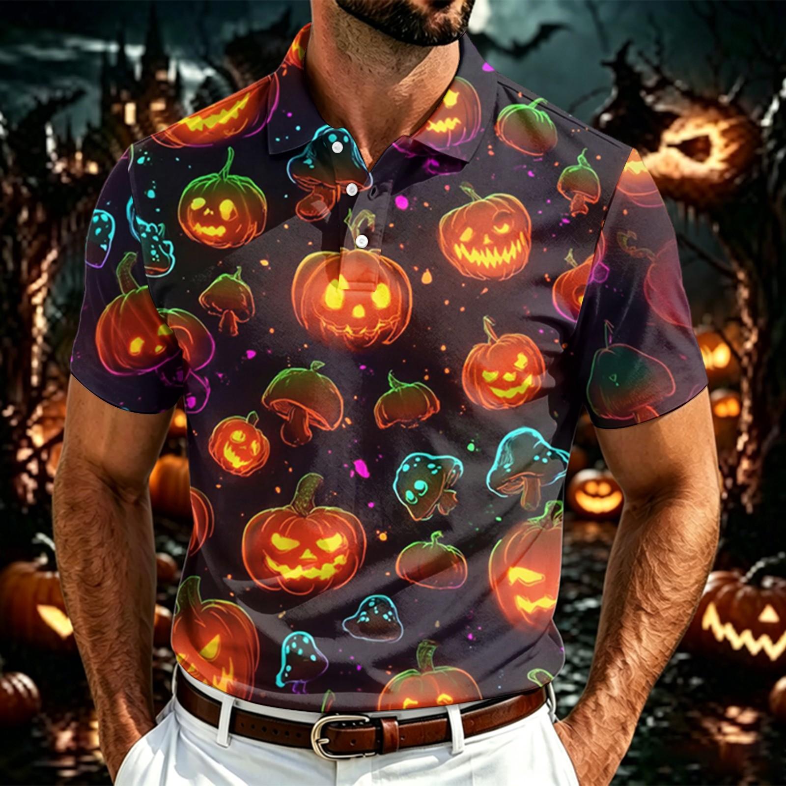Men s Halloween Print Polo Shirt Short Sleeve Breathable Mesh Lightweight Casual Collared Top for Seasonal Wear L кофейный