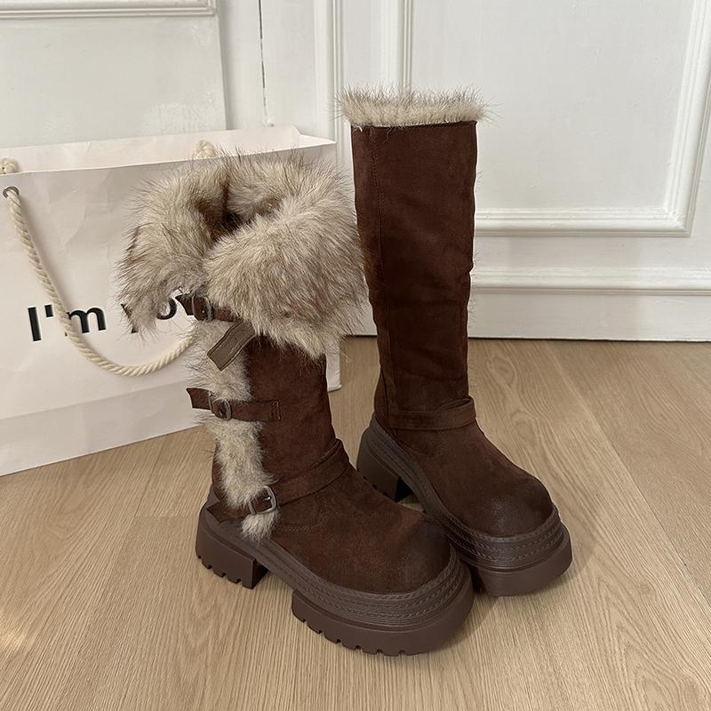 Winter Plateau Dicker Boden Pelzfutter Damen Ritter Hohe Stiefel Modische Gürtelschnalle Stripper Party Schuhe Damen Lange Stiefeletten