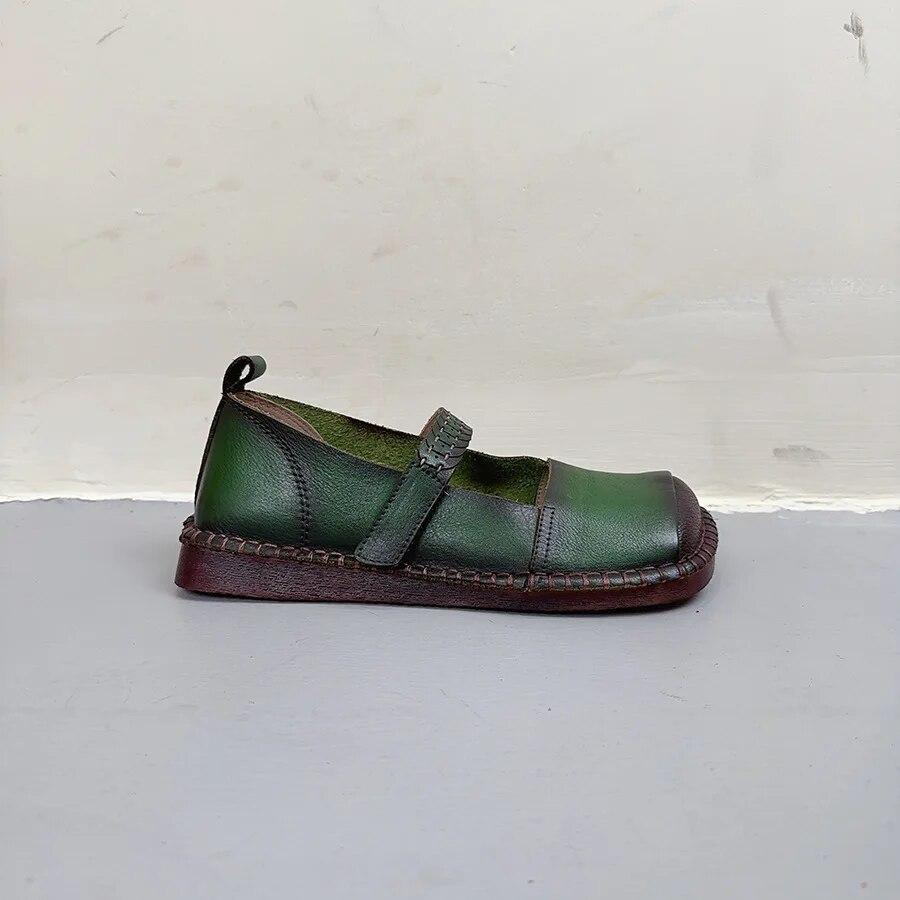 Johnature Pantofi plati cu varf patrat din piele naturala de culoare solida Pantofi de dama retro din piele de vaci cu carlig si bucla