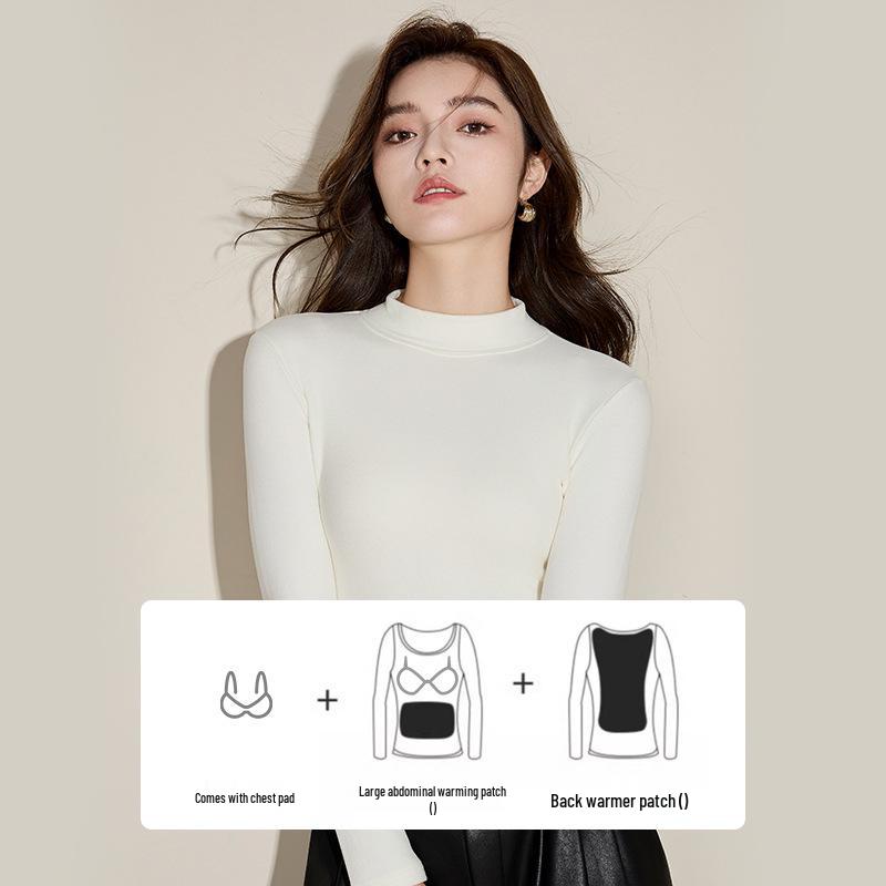 Women's Slim Fit Velvet Half-Turtleneck Shirt with Chest Pads - Antibacterial, Long-Sleeved, Perfect for Autumn and Winter