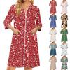Women's Floral Print Zip Front Robe with Pockets, 3/4 Sleeve, Lightweight Knee Length Loungewear