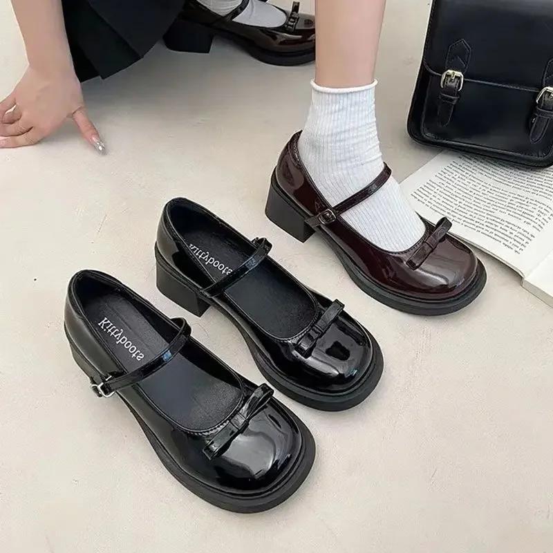 French Retro High Heels Leather Shoes for Women 2025 New Spring Bow Buckle Leather Shoes Round Toe Shallow Mouth Single Shoe