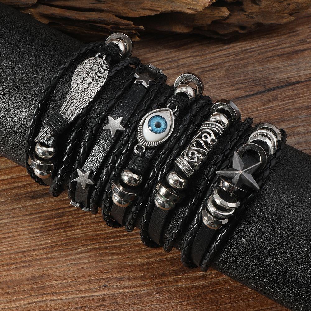 Ethnic Retro Multi-layer Devil's Eye Angel's Wings Star Black Wax Rope Leather Bracelets for Women Men Trendy Punk Jewelry Gifts