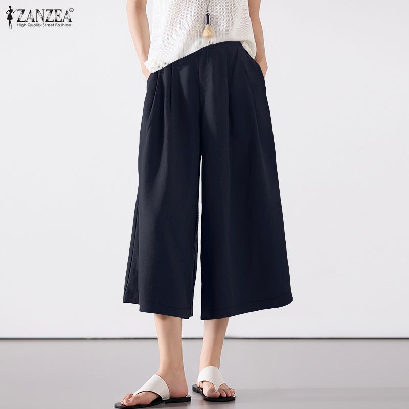 ZANZEA Women Casual Elastic Waist Loose Summer Capris Pants