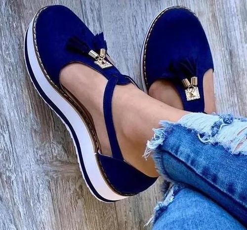 

Женские сандалии с возможностью индивидуализации, летние, повседневные, на плоской подошве, на платформе, с кисточкой, ремешок с пряжкой, женские сандалии, платформа, вулканизированная обувь 37 синий