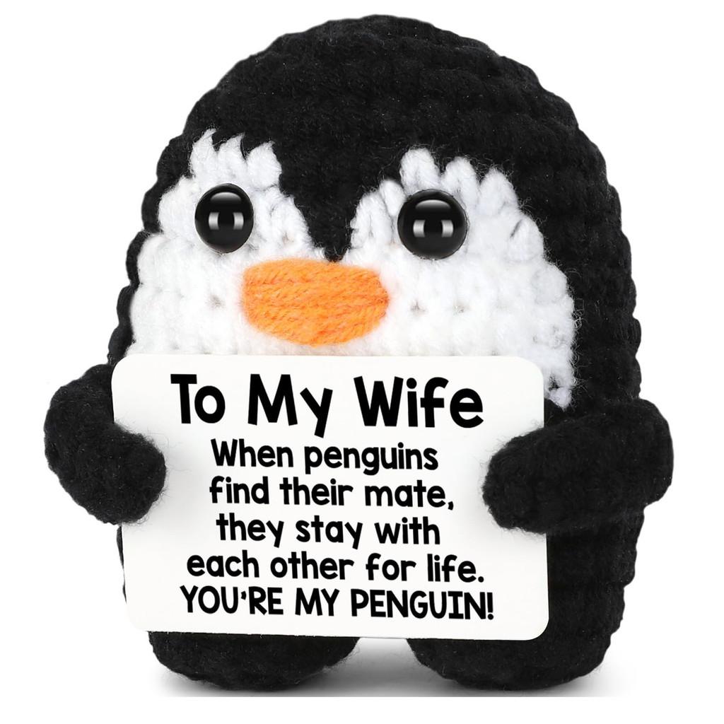 Penguin Positive Crochet Animals Doll With Card Desktop Ornament Emotional Support Handmade Knitted Cheer Up Toy