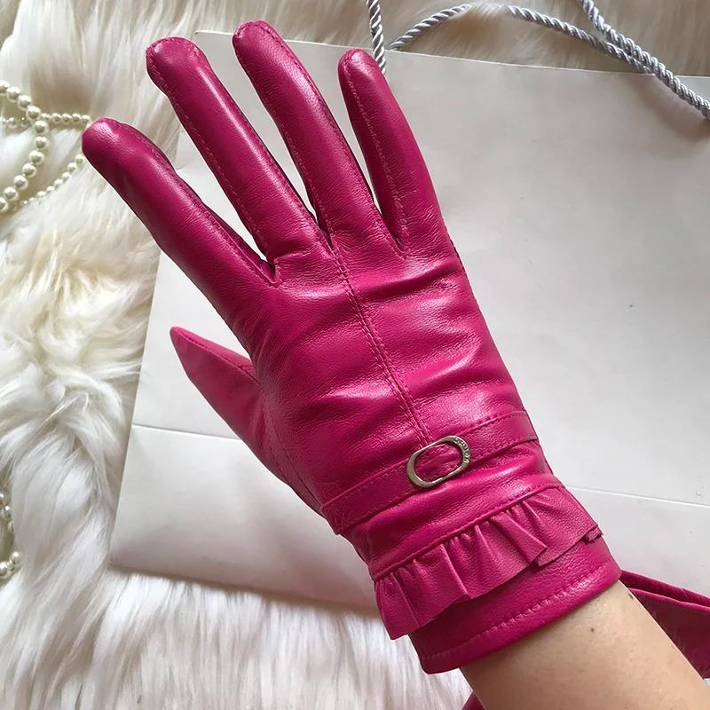 

Женские перчатки из натуральной кожи, бархатные, осенне-зимние, теплые перчатки, короткие перчатки из овчины с кружевом и пуговицами