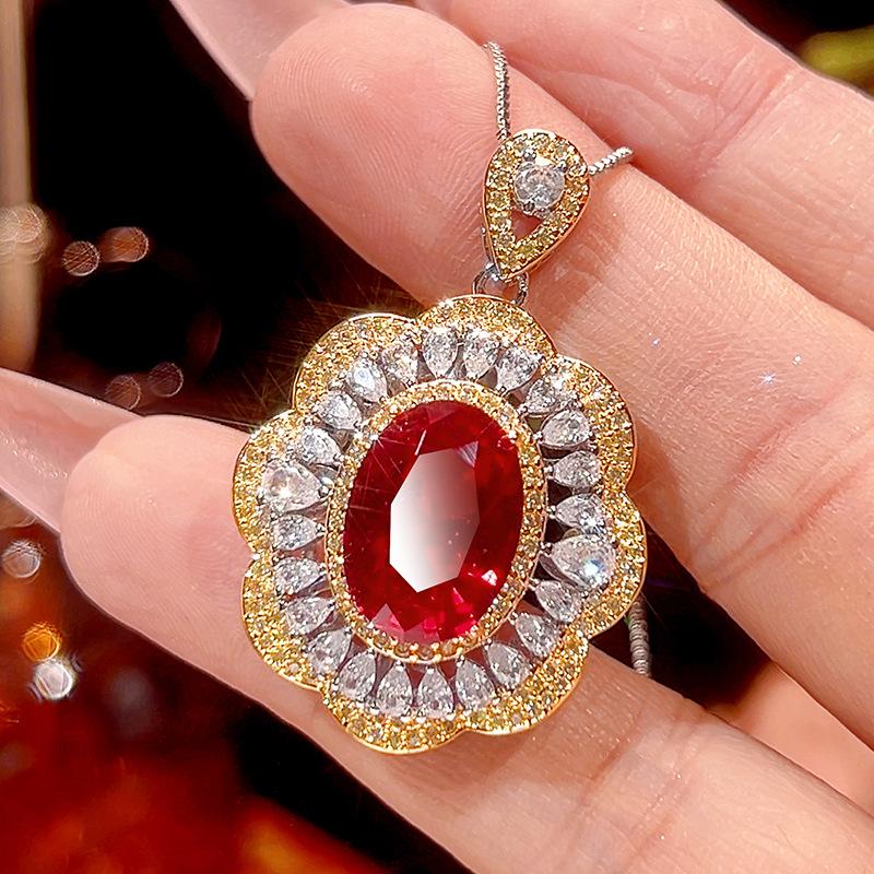 Luxury Oval Blue Sapphire Red Ruby Ring Necklace Adjustable Gold Tone Flower Halo CZ Stone Jewelry for Women Wedding Party Gift