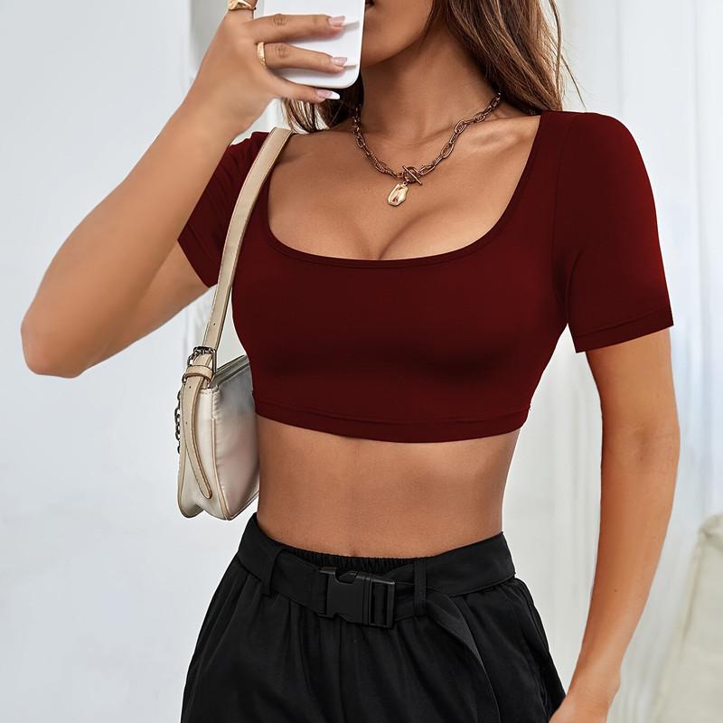 T-shirt à manches courtes en tricot pour femme, style décontracté, style sport d'été, élastique et très extensible