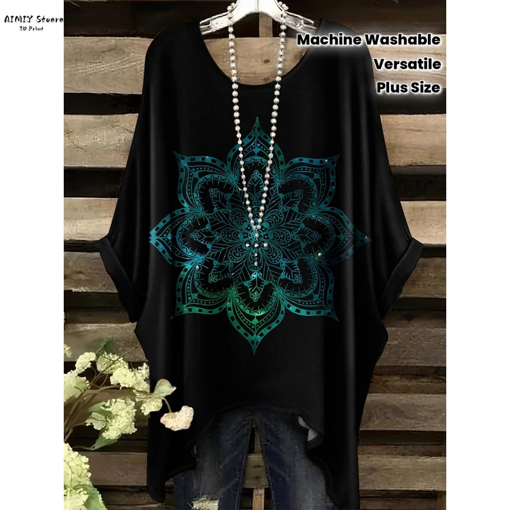Dam Elegant Bohemisk T-shirt med Stjärnklar Natt-tryck Vit Överallt Prickar med Asymmetrisk Fåll, Rund Hals Casual Mode Damer