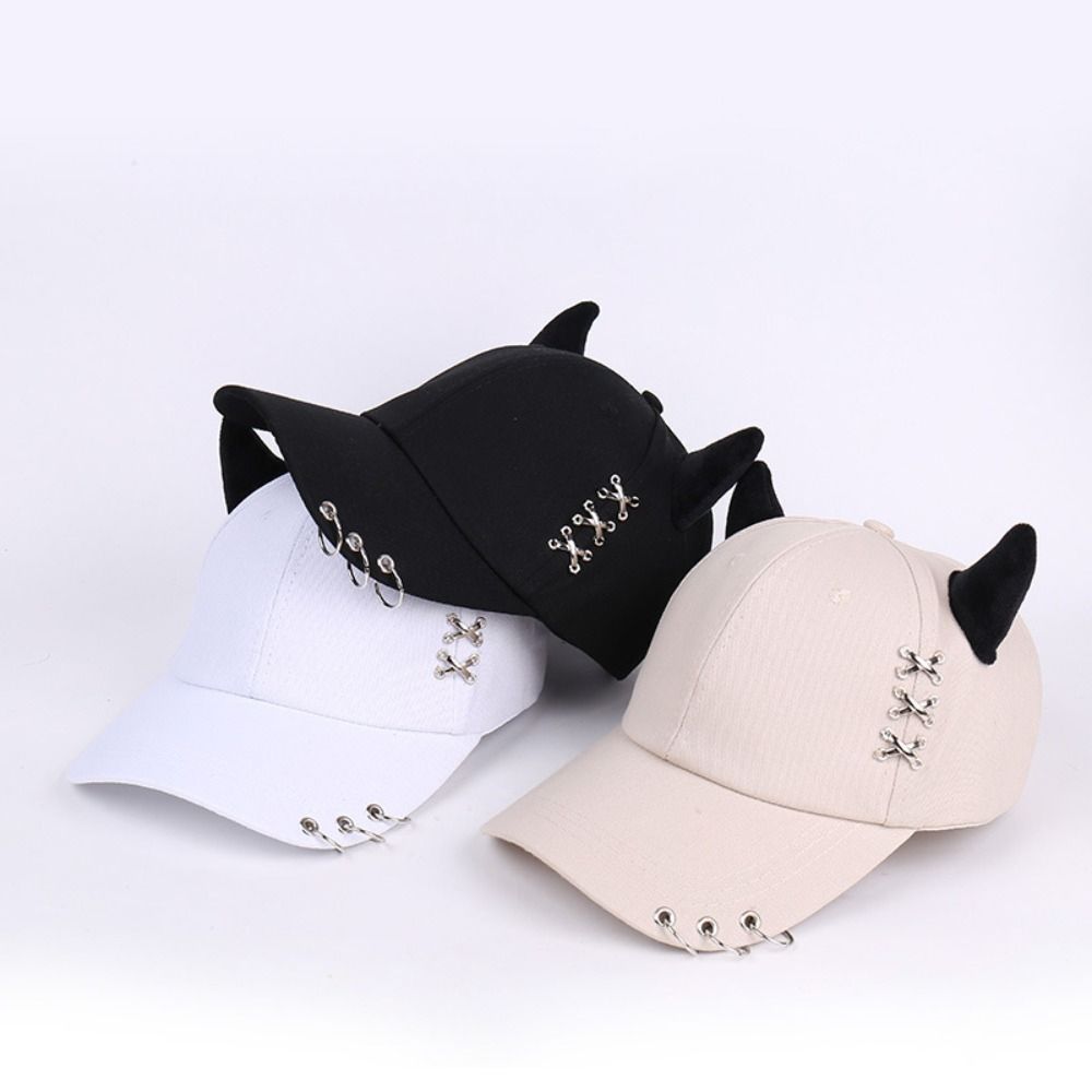 Korean Style Bull Horn Baseball Cap Punk Peaked Cap Sweet Cool Metal Ring Baseball Hat  Summer