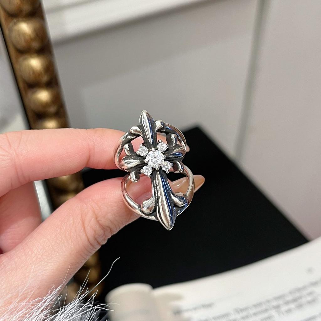 Niche Unique Design Exaggerated European and American Style Retro Zircon Flower Cross Ring