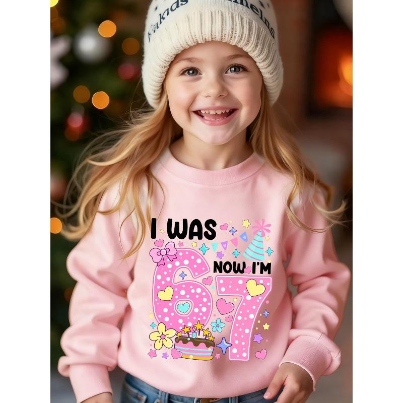 European sizes Number 67 Birthday Series" Kids' Fashion -Lined Crew Neck Sweatshirt "I WAS 6, NOW I'M 7" Cake Element Cartoon Print