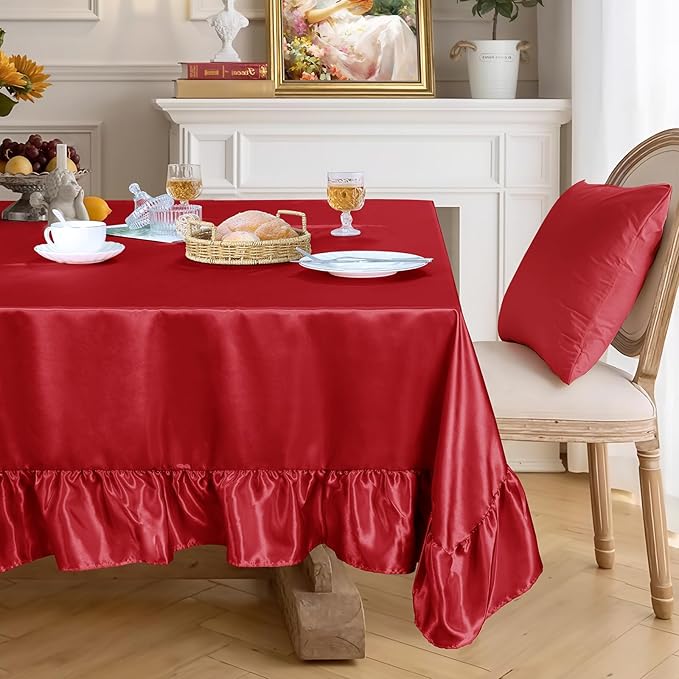 Gold Satin Tablecloth Rectangle Ruffled Table Cover,Ruffle Table Skirt for Kitchen Dining Weddings Dining Table Home Decoration