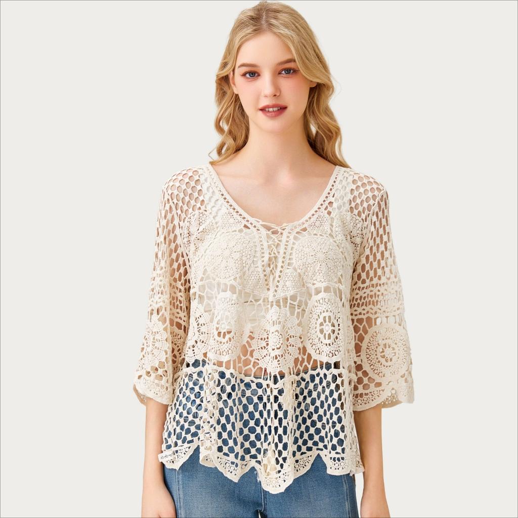 DIMANAF 2026 New Tees Summer Women Beach T-Shirt Basic Fashion Tops Lace Tees Casual Loose White