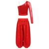 Completo da Danza del Ventre per Ragazze Rete Manica Lunga Monospalla Lucido Paillettes Crop Top Pantaloni Bloomers Satinati Gamba Larga