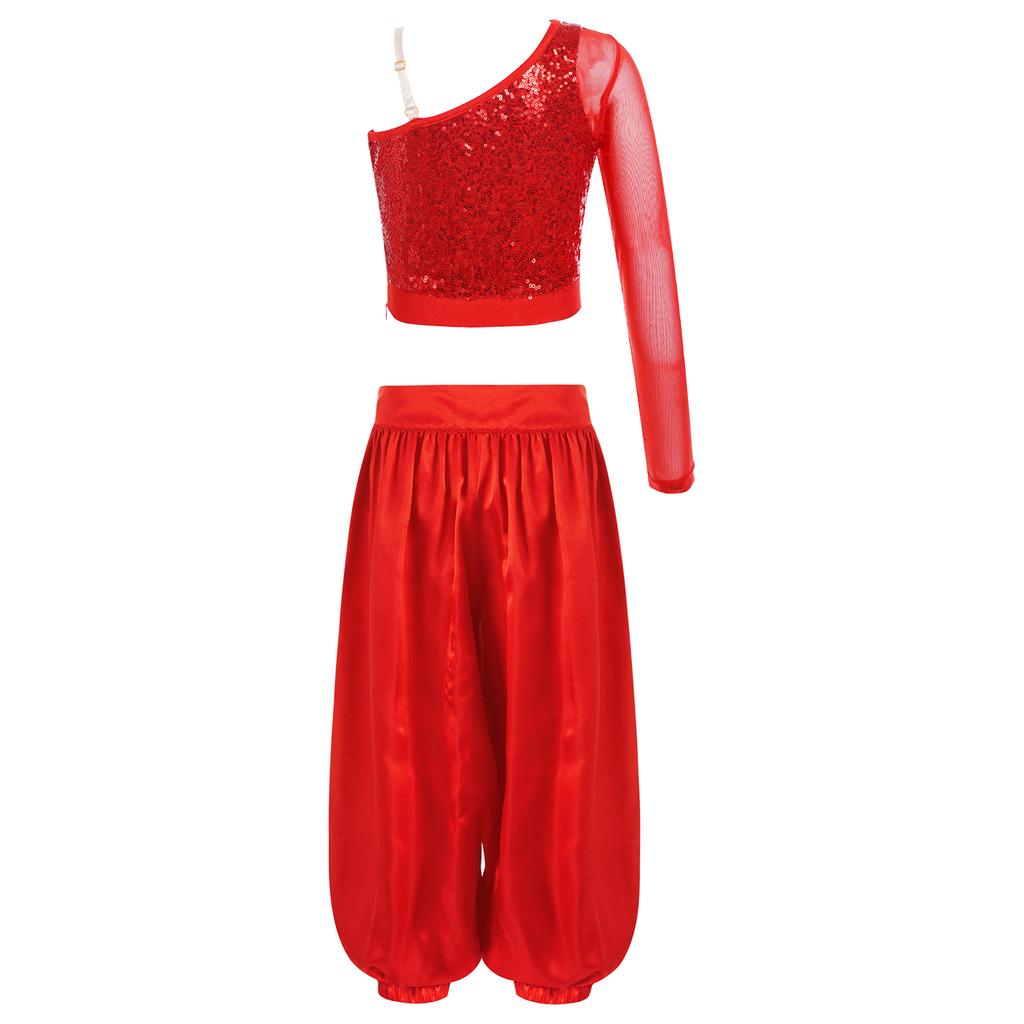 Completo da Danza del Ventre per Ragazze Rete Manica Lunga Monospalla Lucido Paillettes Crop Top Pantaloni Bloomers Satinati Gamba Larga