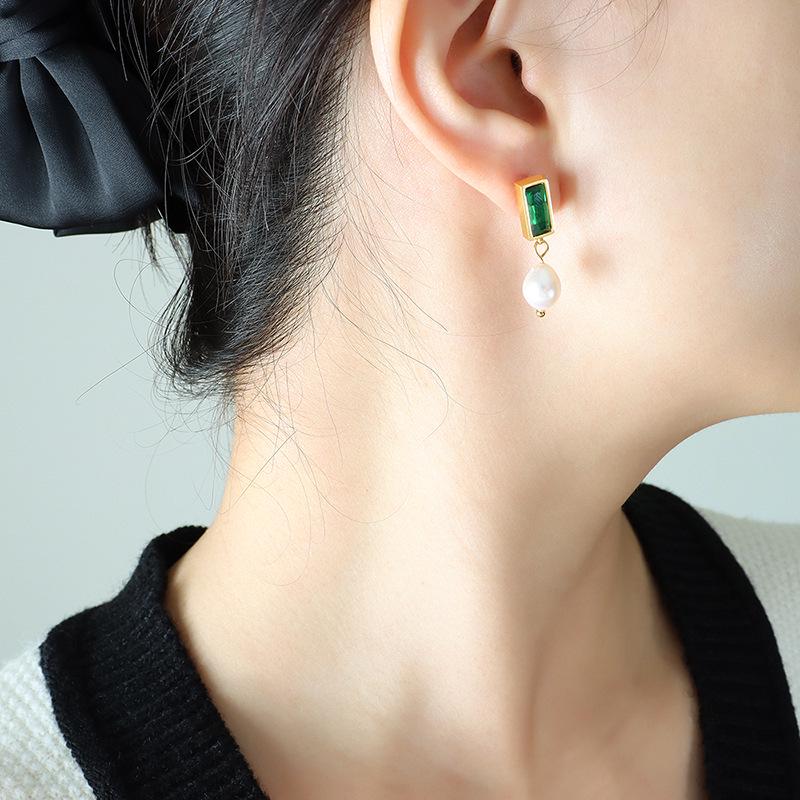 French Baroque Zircon & Freshwater Pearl Pendant Earrings - Gold Plated Titanium Studs
