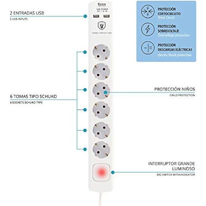 Multiprise - TM ELECTRON - TMUAD306 - 6 Prises Schuko - 2 Ports USB - Interrupteur Sécurisé