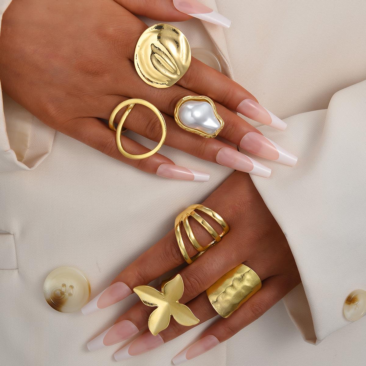 

17KM 6 Piece Irregular Hammered Butterfly Ring Fashion Jewelry Set Women Trendy Shiny Daily Party Accessory Decorative Gift Idea