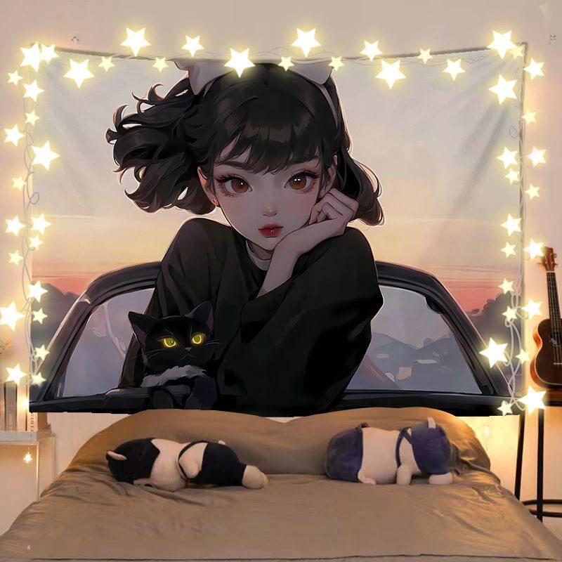 Anime Girl And Cat Healing Scenery Tapestry Wall Hanging Decorative Fabric for Room Headboard And Background Decoration