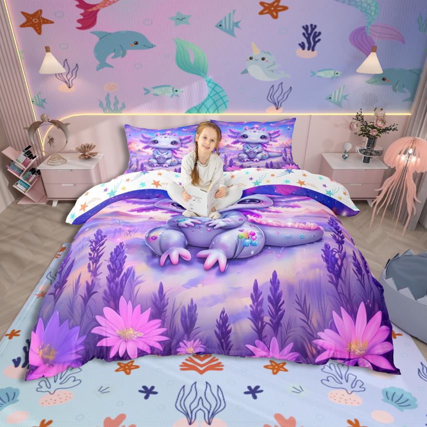 Homewish Cartoon Animal Axolotl Duvet Cover SetFlower Butterfly For Kids Bedding SetKawaii Wildlife Bed Set