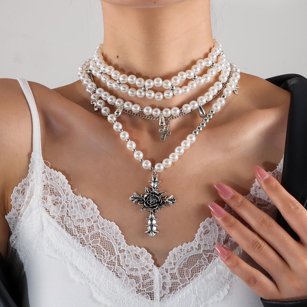 Y2K Accessories Simulation Pearl Cross Choker Necklace for Women Korean Punk Goth Jewelry Accessories