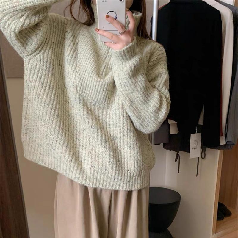 Retro Simple Half Zipper Lapel Knitted Sweater Women's Autumn and Winter New Flower Thread Soft Waxy Gentle Pullover Sweater Tide