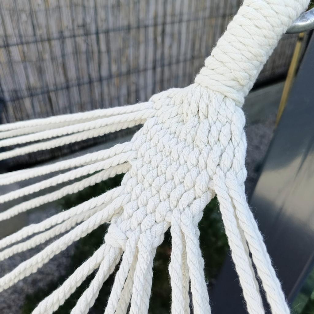 Zwei-Personen Boho Gartenhängematte, groß, stark, Schaukel, beige Spreizstange, 310x150