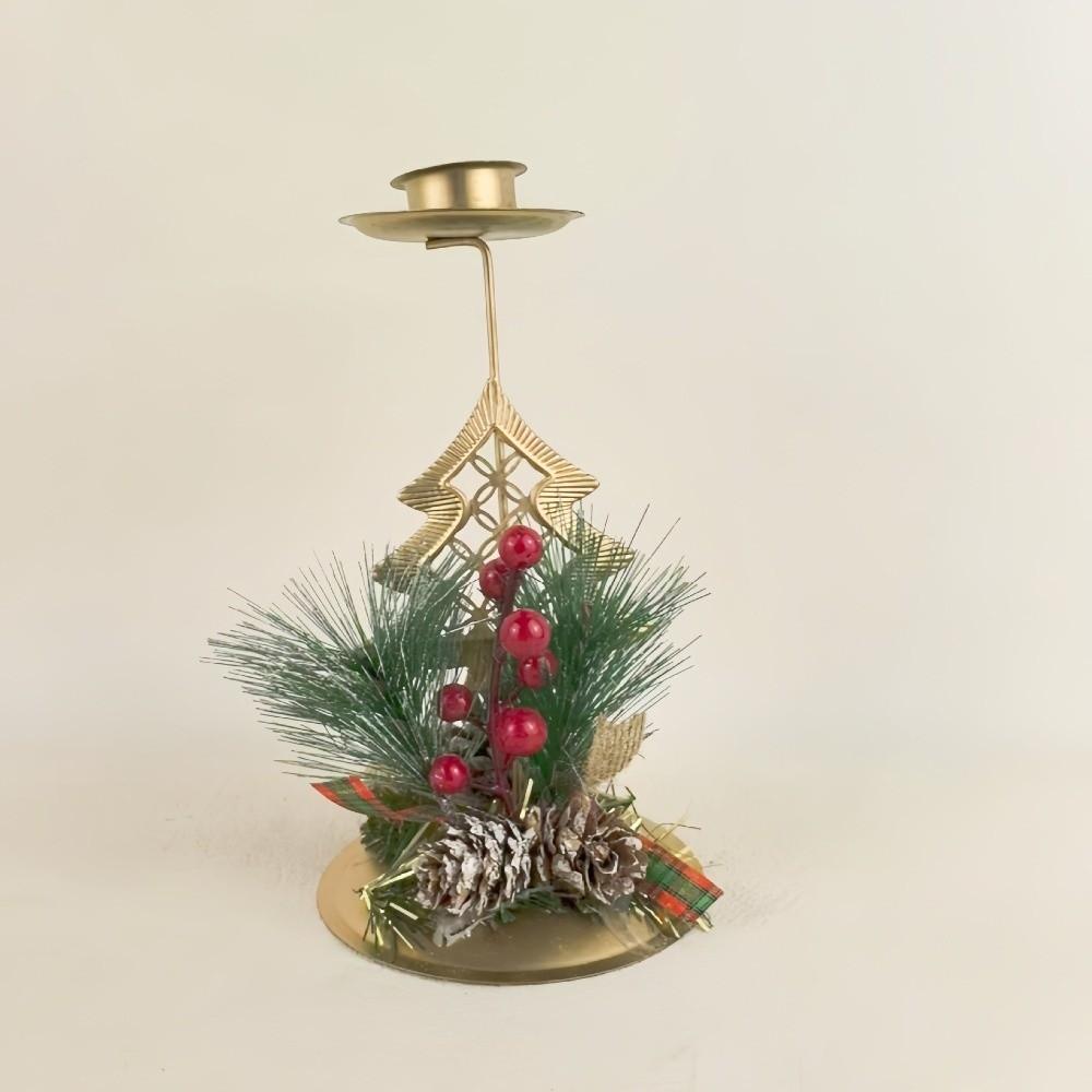Vintage Golden Christmas Candle Holder Snowflake Xmas Tree Iron Candlestick Simulated Pine Needles Desktop Ornament Festive