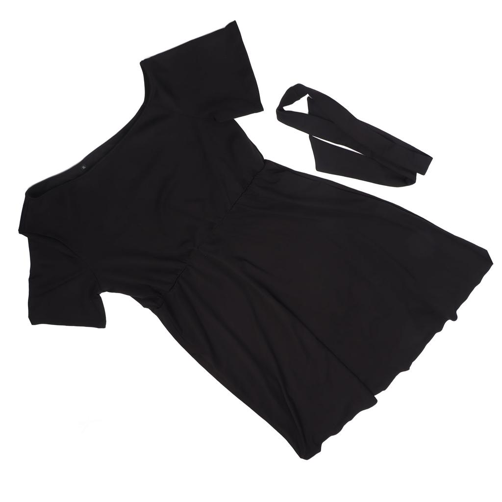 Women Summer One Shoulder Dress Pure Color A Line Short Sleeve Waist Belted Maxi Dress Black Free