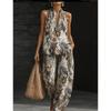1116 set European and American women's clothing printed neck V-neck sleeveless casual pants set