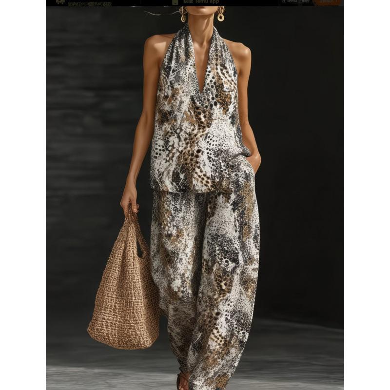 1116 set European and American women's clothing printed neck V-neck sleeveless casual pants set