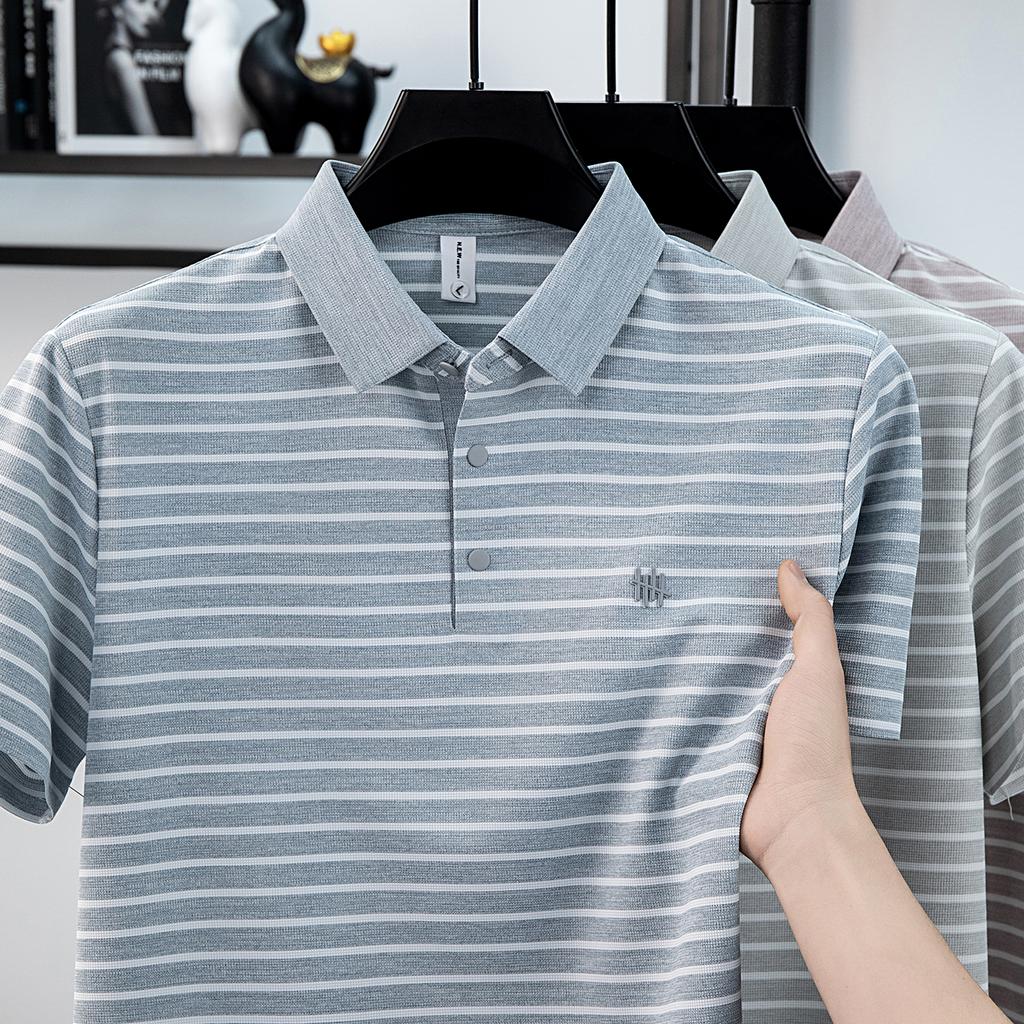 Summer Ice Silk Stripe POLO High Elasticity White Knitted Men's Polo Short Sleeve