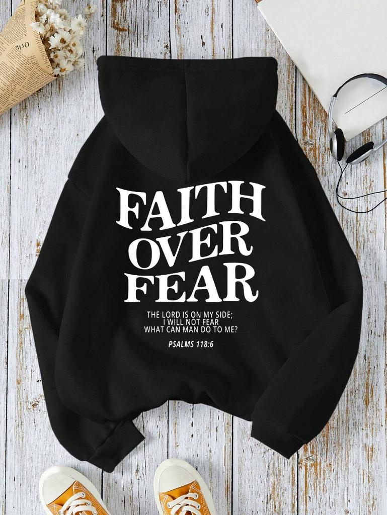 Casual Women's Hoodies Faith Over Fear Letter Printing Sweatshirts Fleece Warm Comfortable Pocket Pullovers Autumn Streetwear