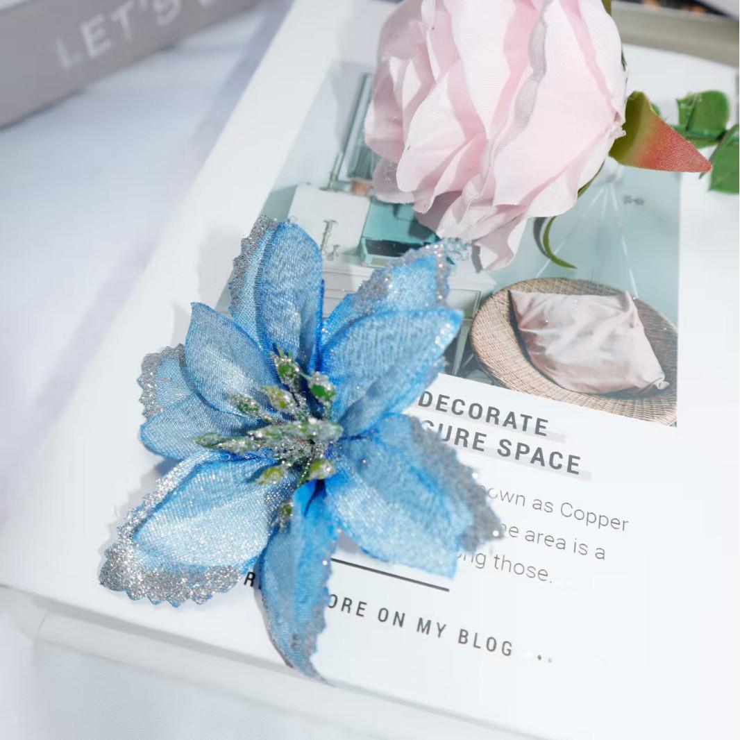 

Пуансеттия Маленький Искусственный Рождественский Цветок с Золотой Окантовкой для Праздничных Украшений, Орнаментов и Венков. 11 cm синий