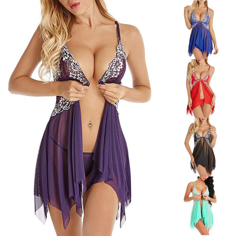 

Белье для женщин фронт Закрытие Babydoll кружева V шеи сетки Sleepwear