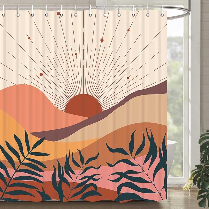 Boho Shower Curtain, Orange Bohemian Mid Century Modern Shower Curtain, Abstract Blue Leaves Plant Grey Minimalist Bathroom Decor Bath Curtain