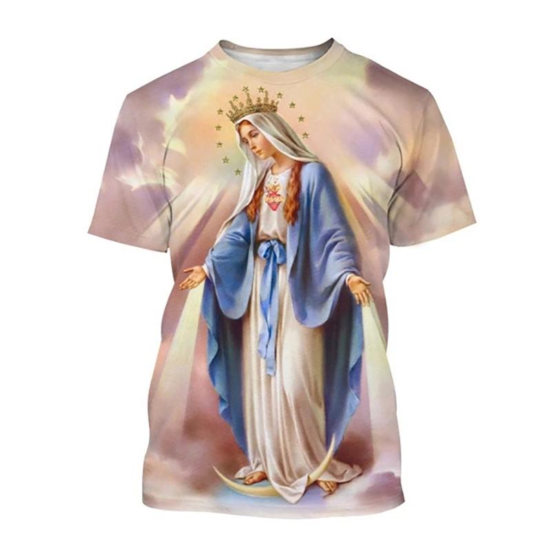 Camiseta 2025 Nuevo Verano Virgen María Estampado 3D Hombres Mujeres Cuello Redondo Manga Corta Camisetas Ropa Urbana Harajuku Camisetas Tops para Niños