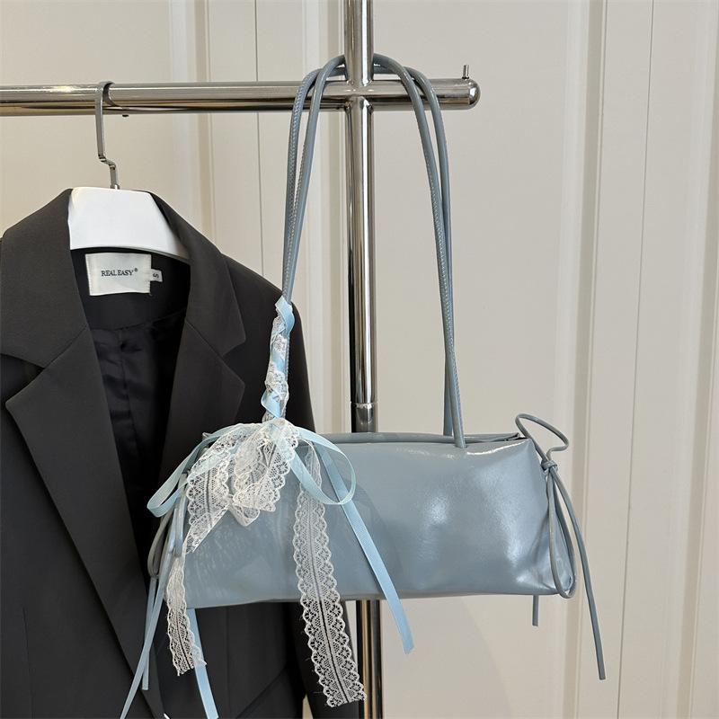 Fashion Sweet Faux Leather Tote Shoulder Bag with Lace Ribbon Bow Detail Design Handbag Cute Crossbody Purse for Women