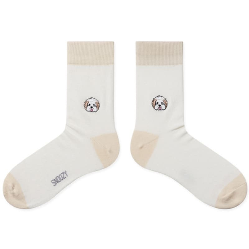 SNOOZY Maltipom Puppy Face Embroidered Socks (White Ivory)
