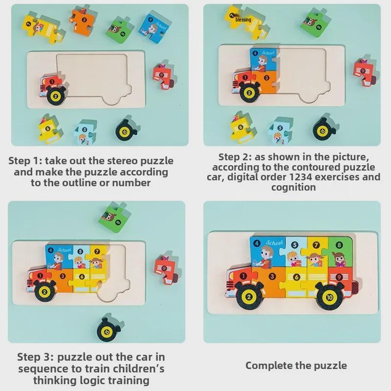 3D Animal & Transportation Wooden Toddler Puzzle Blocks for Early Education & Cognitive Development