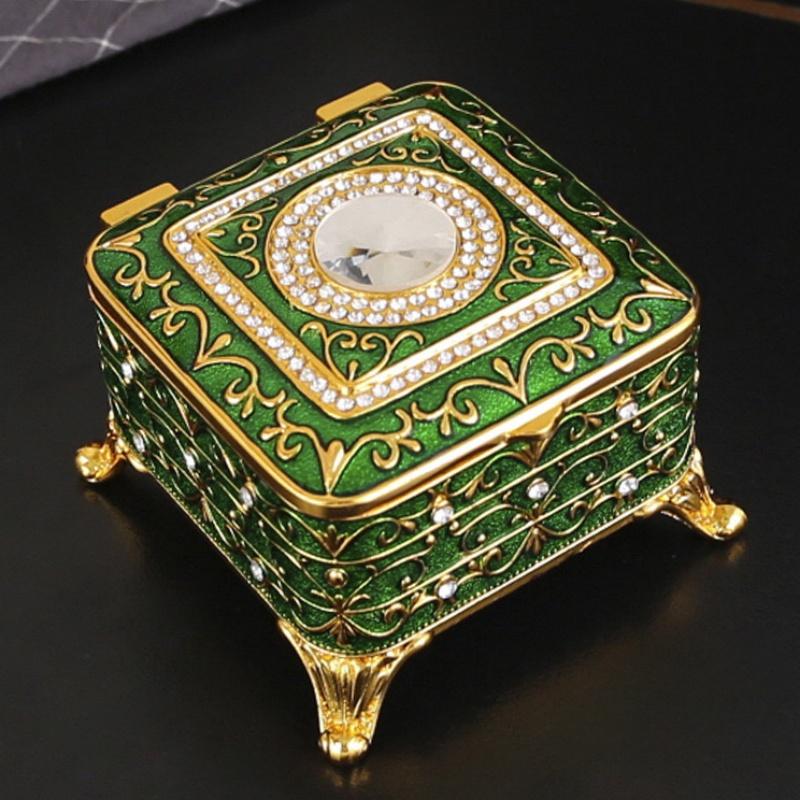 Mini Square Shape Jewelry Storage Box Necklace Organizer,Large Size Inlaid Gem Alloy Ring Storage Jar Unique Gift for Family