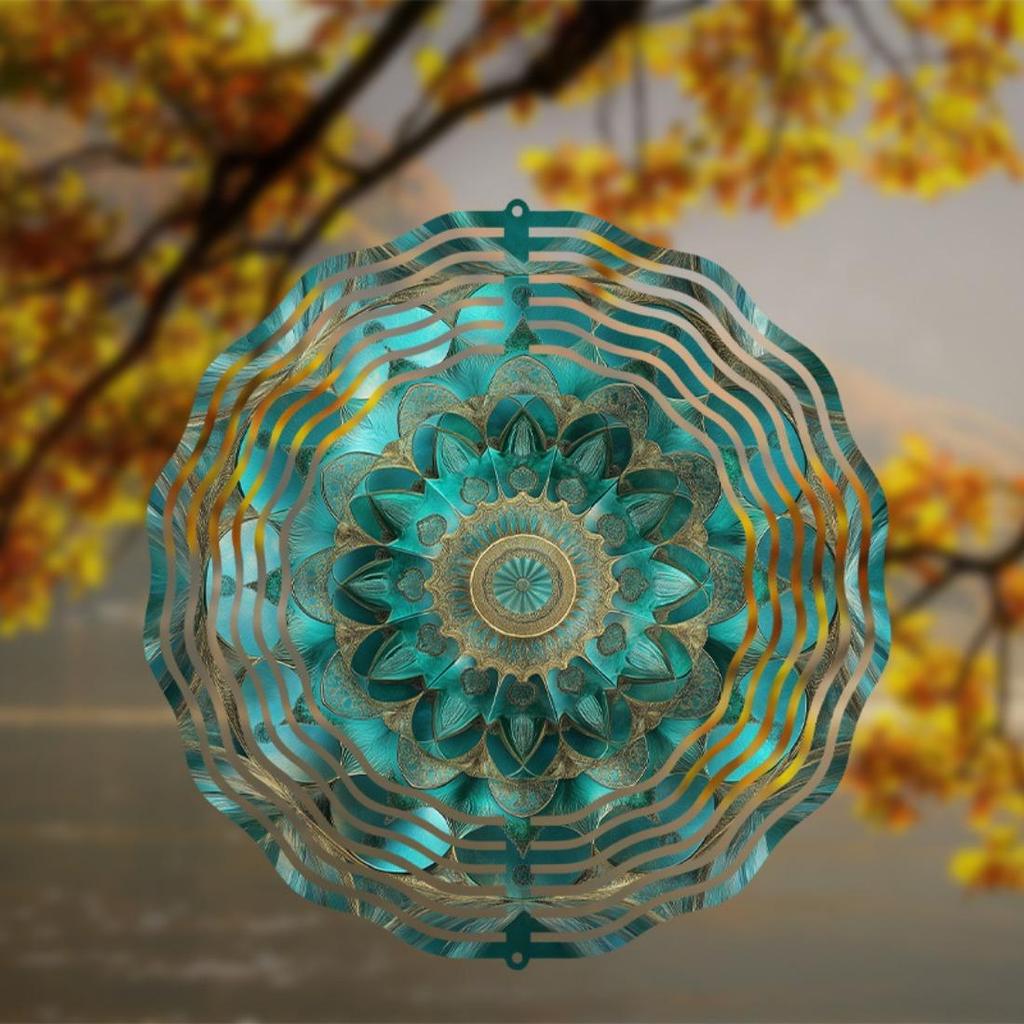 Hanging Wind Spinner with Intricate Mandala Design – Teal Blue & Golden Metal Art Chime for Balcony, Lawn, or Garden Decor, 360° Rotating Hook